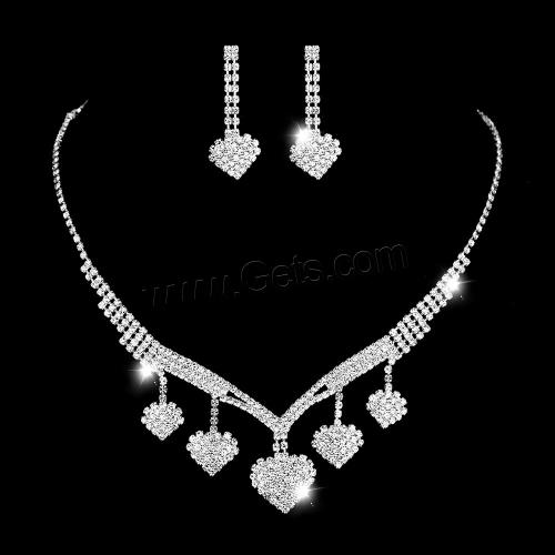 Brass Jewelry Set, earring & necklace, with 15CM extender chain, Heart, silver color plated, for woman & with rhinestone [