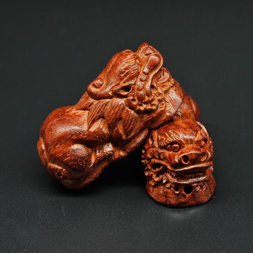 Original Wood Beads, Sandalwood, Mythical Wild Animal, Carved, DIY [