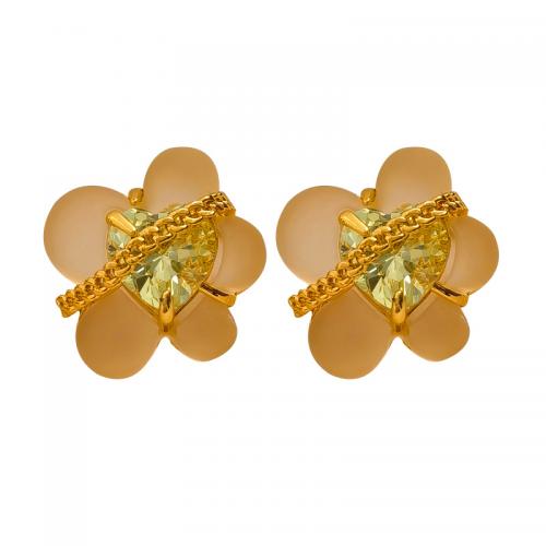 Cubic Zirconia Micro Pave Brass Earring, with Resin, petals, real gold plated, micro pave cubic zirconia & for woman [