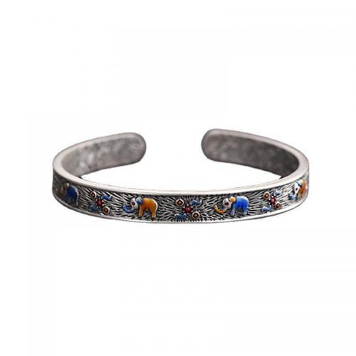 Brass Cuff Bangle, silver color plated, Hand-Painted Enamel Glaze & folk style & Unisex, Inner Approx 60mm [