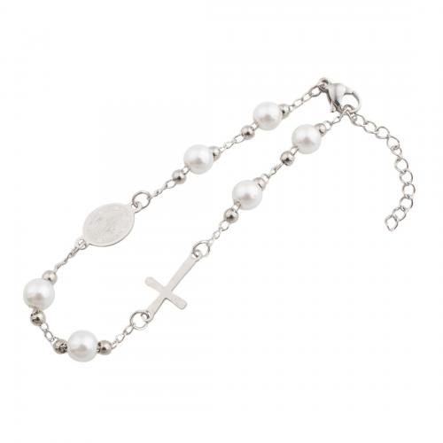 Stainless Steel Charm Bracelet, 304 Stainless Steel, with Plastic Pearl, fashion jewelry & for woman, original color Approx 20.5 cm [