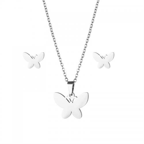 Fashion Stainless Steel Jewelry Sets, 304 Stainless Steel, Stud Earring & necklace, Butterfly, 2 pieces & fashion jewelry & for woman, silver color Approx 45 cm [