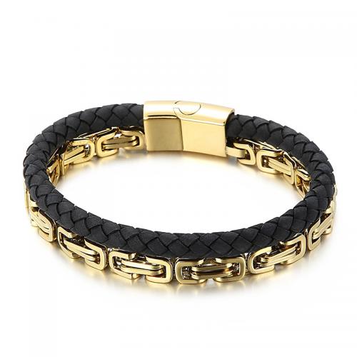 bracelet de cordon en PU , Acier inoxydable 304, avec cuir PU, Placage ionique sous vide, bijoux de mode & pour homme, plus de couleurs à choisir Environ 21 cm, Vendu par PC[