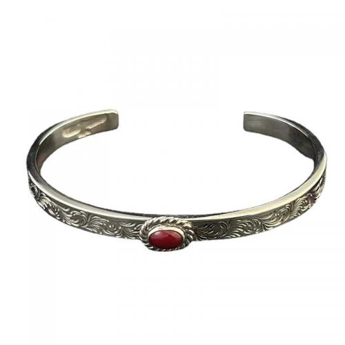 Brass Cuff Bangle, with Red Jasper, silver color plated, vintage & Unisex, Inner Approx 60mm [