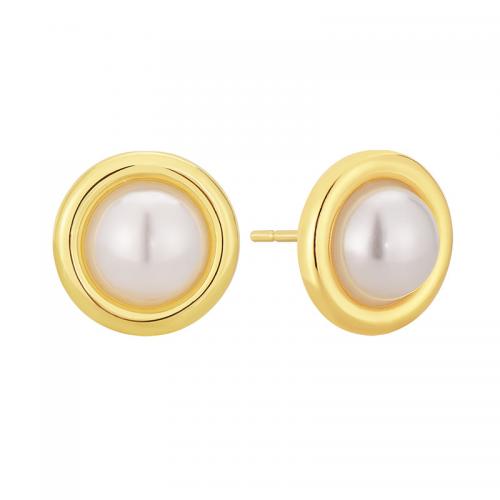 Brass Stud Earring, with Shell Pearl, Round, 18K gold plated, fashion jewelry & for woman [