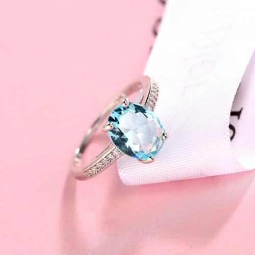 Cubic Zircon Brass Finger Ring, with Cubic Zirconia, silver color plated & for woman, blue [