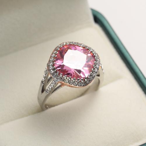 Cubic Zircon Brass Finger Ring, with Cubic Zirconia, silver color plated & for woman, pink [