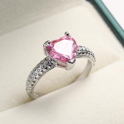 Cubic Zircon Brass Finger Ring, with Cubic Zirconia, Heart, silver color plated & for woman, pink [