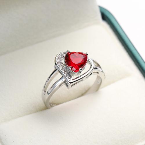 Cubic Zircon Brass Finger Ring, with Cubic Zirconia, Heart, silver color plated & for woman, red [