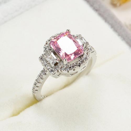 Cubic Zircon Brass Finger Ring, with Cubic Zirconia, Square, silver color plated & for woman, pink [