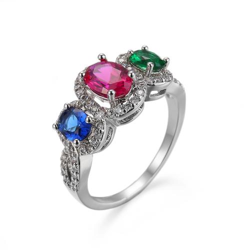 Cubic Zircon Brass Finger Ring, with Cubic Zirconia, silver color plated & for woman, multi-colored [