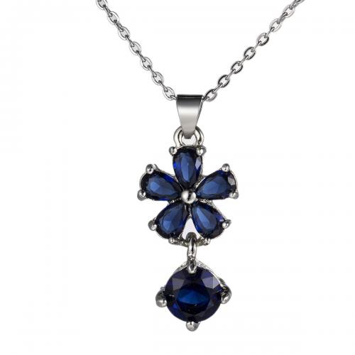 Brass Cubic Zirconia Necklace, with Cubic Zirconia, Flower, silver color plated, for woman, blue Approx 40 cm [