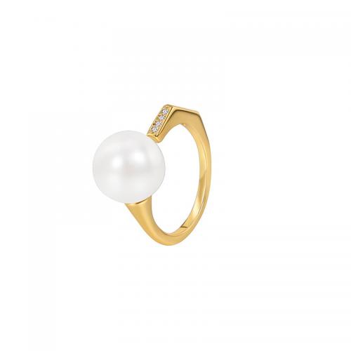 Cubic Zirconia Micro Pave Brass Finger Ring, with Shell Pearl, plated, micro pave cubic zirconia & for woman, golden [