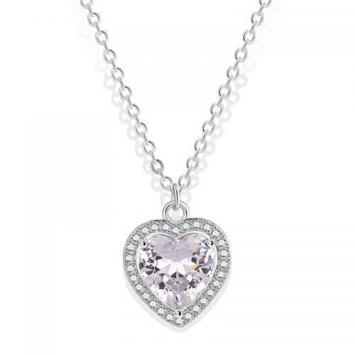 Cubic Zircon Micro Pave Brass Necklace, Heart, plated, micro pave cubic zirconia & for woman, platinum color 40-50CM [