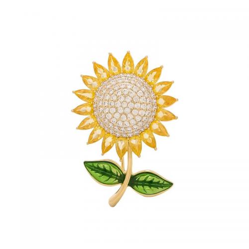 Rhinestone Zinc Alloy Brooch, Sunflower, fashion jewelry & for woman & enamel & with rhinestone 