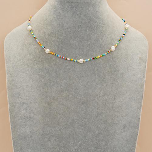 Petite perle en verre de collier 
, Seedbead, avec perle d'eau douce cultivée & perle de plastique & alliage de zinc, avec 5cm chaînes de rallonge, Placage de couleur d'or, bijoux de mode & différents matériaux pour le choix & pour femme, plus de couleurs à choisir Environ 42 cm, Vendu par PC[