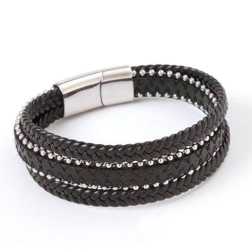 bracelet de cordon en PU , cuir PU, avec Acier inoxydable 304, fait à la main, bijoux de mode & multicouche & pour homme, noire Environ 21.5 cm, Vendu par PC[