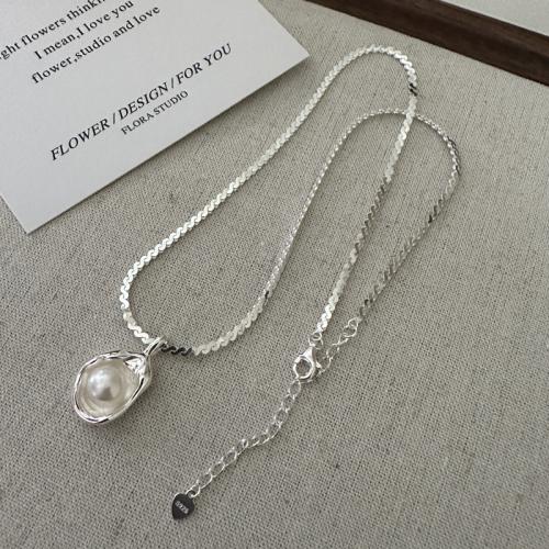 Collar de la joyería de plata esterlina, Plata de ley 925, con Shell Pearl, con 1.97inch extender cadena, pulido, para mujer, longitud:aproximado 15.74 Inch, Vendido por UD[