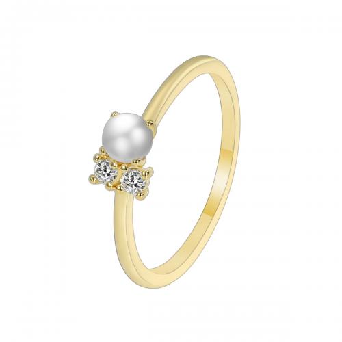 Cubic Zirconia Micro Pave Brass Finger Ring, with Shell Pearl, plated & micro pave cubic zirconia & for woman, golden 