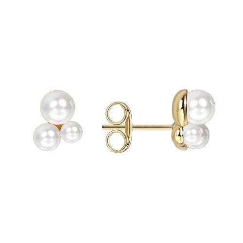 Brass Stud Earring, with Shell Pearl, plated, for woman, golden [