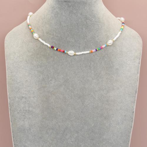 Collar de perlas de cristal semilla, Seedbead, con Perlas cultivadas de agua dulce & Perlas plásticas & aleación de zinc, con 5cm extender cadena, chapado en color dorado, Joyería & diferentes materiales para la opción & para mujer, más colores para la opción, longitud:aproximado 42 cm, Vendido por UD[