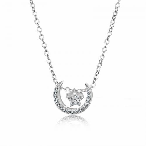 Cubic Zircon Micro Pave Brass Necklace, with 5cm extender chain, Moon and Star, silver color plated, fashion jewelry & micro pave cubic zirconia & for woman, silver color Approx 40 cm [