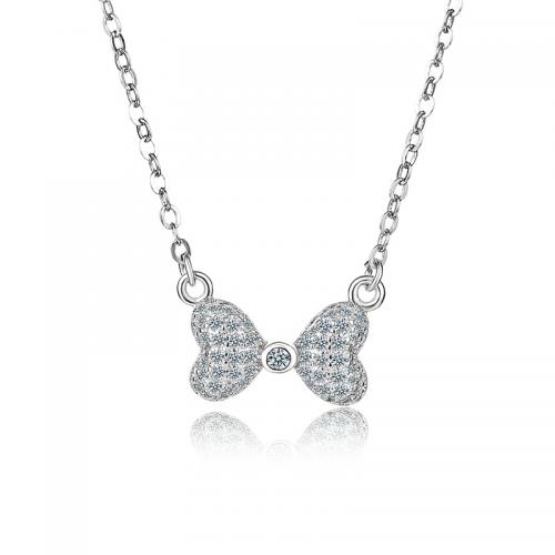 Cubic Zircon Micro Pave Brass Necklace, with 5cm extender chain, Bowknot, silver color plated, fashion jewelry & micro pave cubic zirconia & for woman, silver color Approx 40 cm [