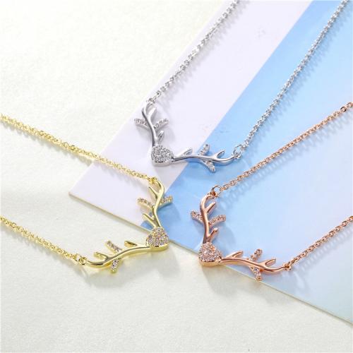 Cubic Zircon Micro Pave Brass Necklace, with 5cm extender chain, Antlers, plated, fashion jewelry & micro pave cubic zirconia & for woman Approx 40 cm [