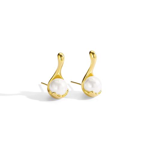 Brass Stud Earring, with Shell Pearl, plated, for woman, golden [