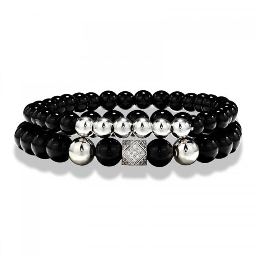 Negro Pulsera de piedra, Piedra Negra, con metal, Doble capa & Joyería & unisexo & con diamantes de imitación, más colores para la opción, longitud:aproximado 19 cm, Vendido por UD