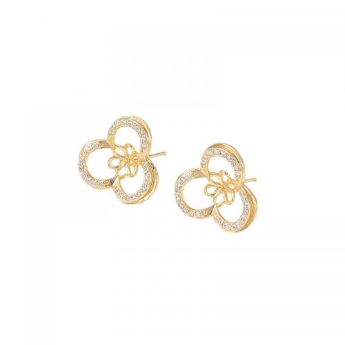 Brass Earring Stud Component, plated, DIY & micro pave cubic zirconia, golden 