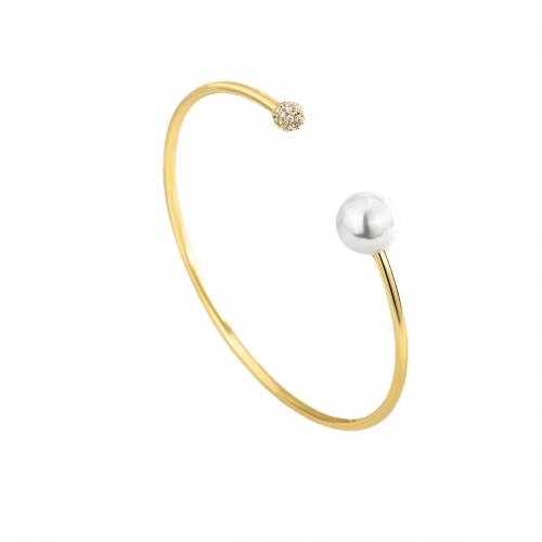 Brass Cuff Bangle, with Shell Pearl, plated, micro pave cubic zirconia & for woman, golden [