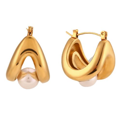 Boucle d'oreille en acier inoxydable Dangle, acier inoxydable 316L, avec perle de plastique, Plaqué or 18K, bijoux de mode & pour femme, Vendu par paire