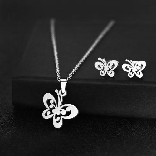 Fashion Stainless Steel Jewelry Sets, 304 Stainless Steel, Stud Earring & necklace, 2 pieces & fashion jewelry & for woman, silver color Approx 45 cm [