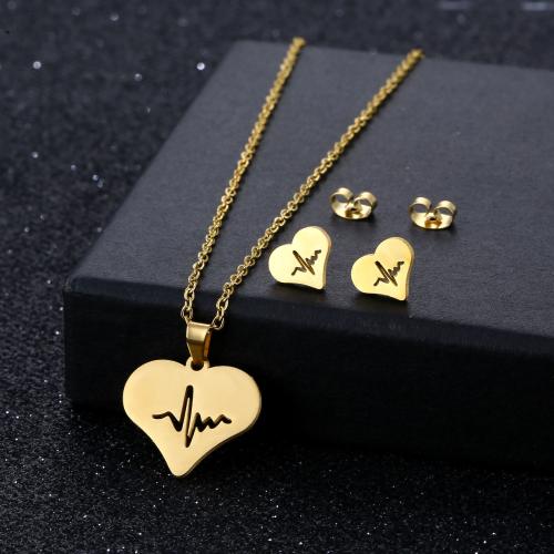 Fashion Stainless Steel Jewelry Sets, 304 Stainless Steel, Stud Earring & necklace, polished, 2 pieces & fashion jewelry & for woman, golden Approx 45 cm [