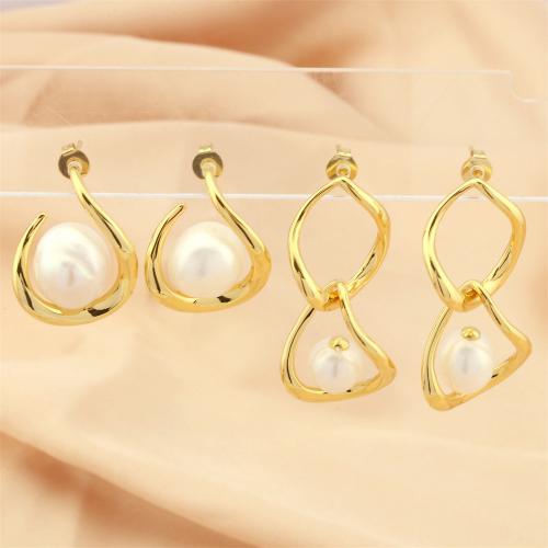 Freshwater Pearl Brass Earring, with Freshwater Pearl, gold color plated, fashion jewelry & for woman & hollow [