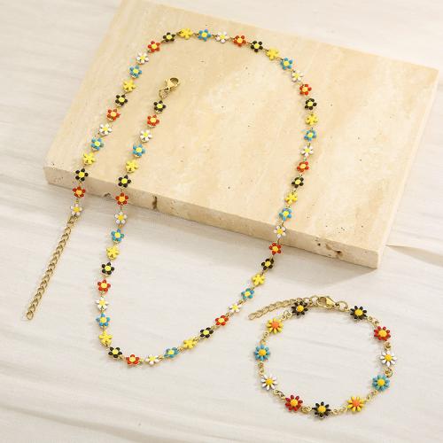 Enamel Stainless Steel Jewelry Sets, 304 Stainless Steel, bracelet & necklace, Daisy, Vacuum Ion Plating, fashion jewelry & for woman [