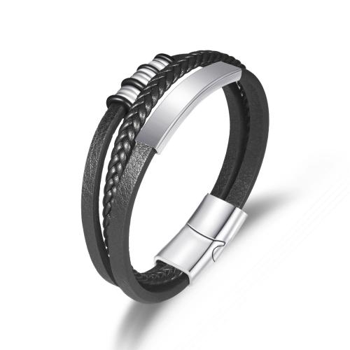 bracelet de cordon en PU , cuir PU, avec Acier inoxydable 304 & alliage de zinc, bijoux de mode & pour homme, noire cm, Vendu par PC[