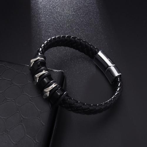 bracelet de cordon en PU , cuir PU, avec alliage de zinc, bijoux de mode & pour homme, noire Environ 21 cm, Vendu par PC[