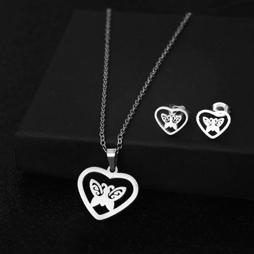 Fashion Stainless Steel Jewelry Sets, 304 Stainless Steel, Stud Earring & necklace, polished, 2 pieces & fashion jewelry & for woman, silver color Approx 45 cm [