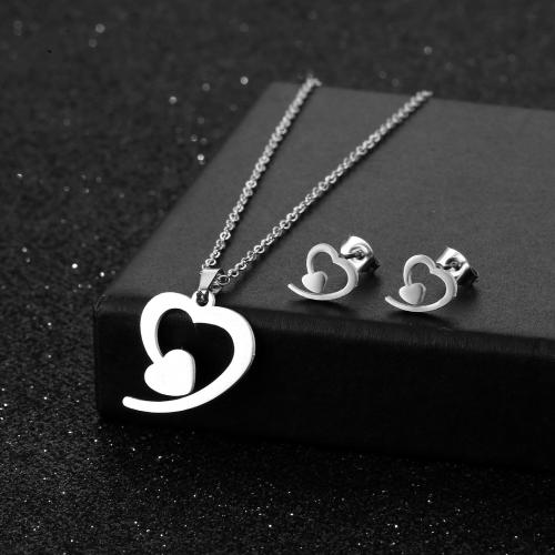 Fashion Stainless Steel Jewelry Sets, 304 Stainless Steel, Stud Earring & necklace, polished, 2 pieces & fashion jewelry & for woman, silver color Approx 45 cm [