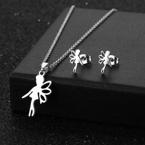 Fashion Stainless Steel Jewelry Sets, 304 Stainless Steel, Stud Earring & necklace, polished, 2 pieces & fashion jewelry & for woman, silver color Approx 45 cm [