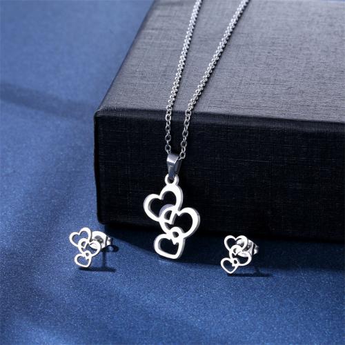 Fashion Stainless Steel Jewelry Sets, 304 Stainless Steel, Stud Earring & necklace, polished, 2 pieces & fashion jewelry & for woman, silver color Approx 45 cm [