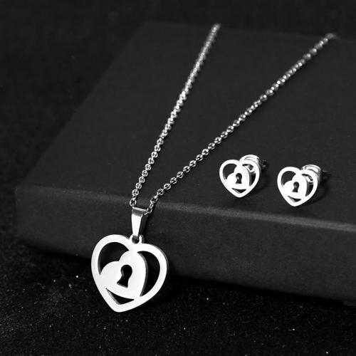 Fashion Stainless Steel Jewelry Sets, 304 Stainless Steel, Stud Earring & necklace, polished, 2 pieces & fashion jewelry & for woman, silver color Approx 45 cm [