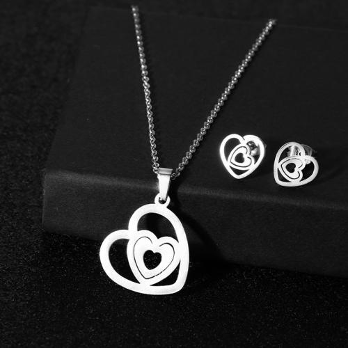 Fashion Stainless Steel Jewelry Sets, 304 Stainless Steel, Stud Earring & necklace, polished, 2 pieces & fashion jewelry & for woman, silver color Approx 45 cm [