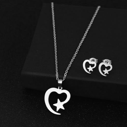 Fashion Stainless Steel Jewelry Sets, 304 Stainless Steel, Stud Earring & necklace, polished, 2 pieces & fashion jewelry & for woman, silver color Approx 45 cm [