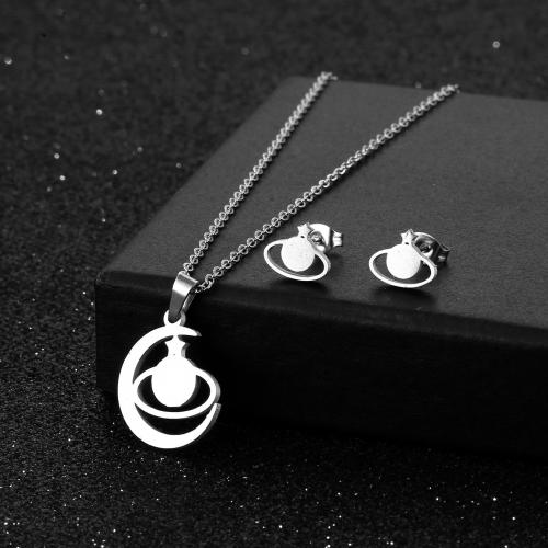 Fashion Stainless Steel Jewelry Sets, 304 Stainless Steel, Stud Earring & necklace, polished, 2 pieces & fashion jewelry & for woman, silver color Approx 45 cm [