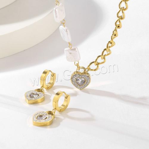 Bijoux strass en acier inoxydable Set, Acier inoxydable 304, boucle d'oreille & collier, avec coquille, coeur, Placage ionique sous vide, bijoux de mode & styles différents pour le choix & pour femme & avec strass, plus de couleurs à choisir, Vendu par PC