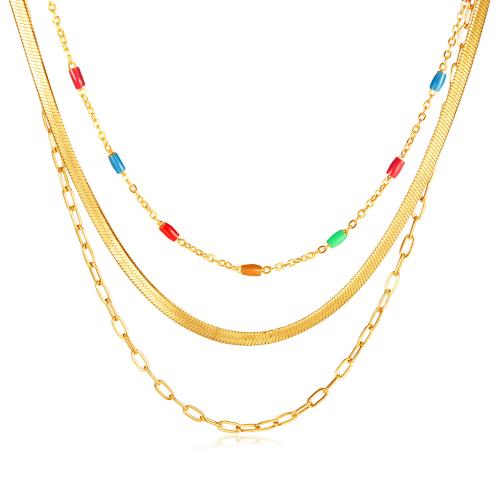 Collar Multi de la capa, acero inoxidable 304, con 5.5cm extender cadena, Recubrimiento iónico al vacío, tres capas & Joyería & para mujer & pegamento de gota, dorado, longitud:40.5 cm, Vendido por UD