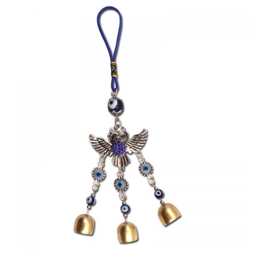 alliage de zinc Windbell, hibou, Placage de couleur argentée, pour la maison et le bureau & motif de mauvais œil & émail & avec strass, bleu, 260mm, Vendu par PC